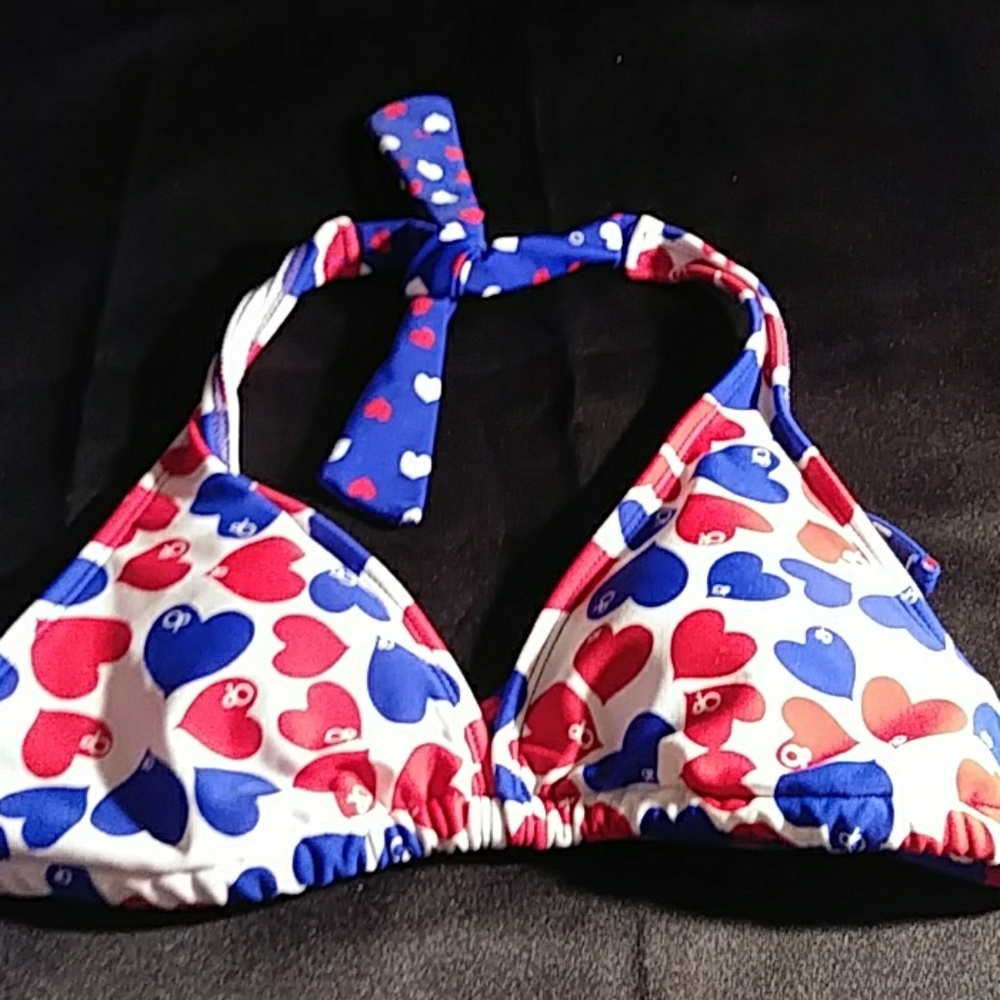 OP Bathing Suit Top. Red White Blue Hearts L
